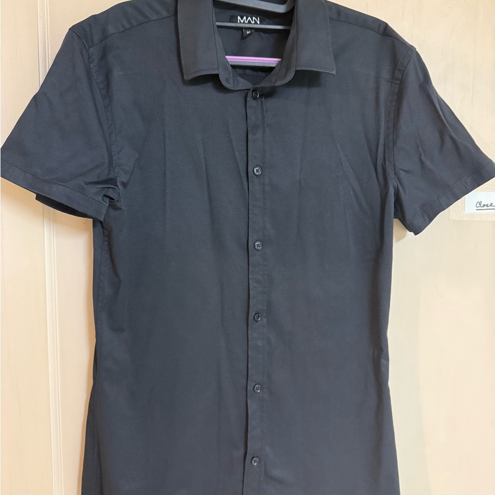 Boohoo Mens Black Stretch Fit Casual Button Down Short Sleeve Shirt